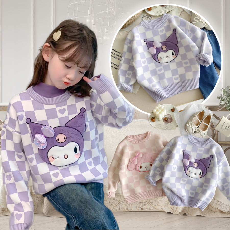 儿童套头毛衣2023秋冬女童洋气撞色格子卡通小库小美洛米长袖毛衣