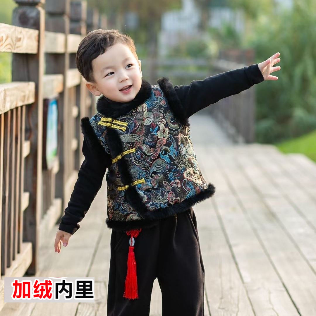 儿童中国风拜年服唐装坎肩姐弟男女童中式加绒夹棉绸缎马甲