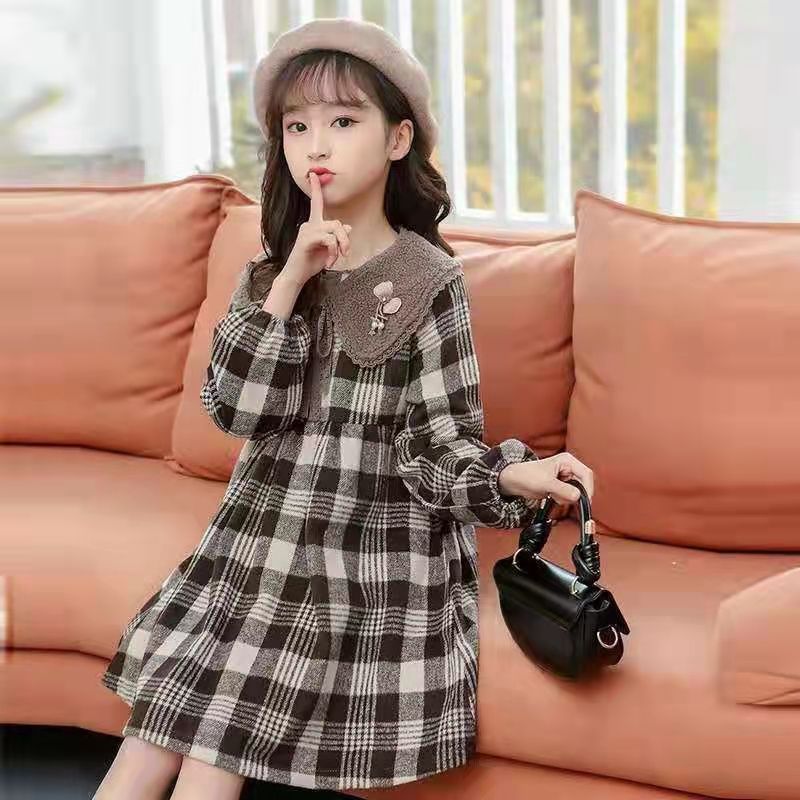 女童秋冬款连衣裙新款女宝格子长袖高档超仙裙中大童洋气时尚爆款