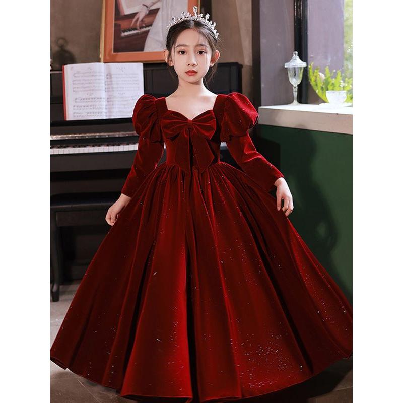 儿童礼服女童高端红色公主裙秋冬花童婚礼小女孩主持人钢琴演出服