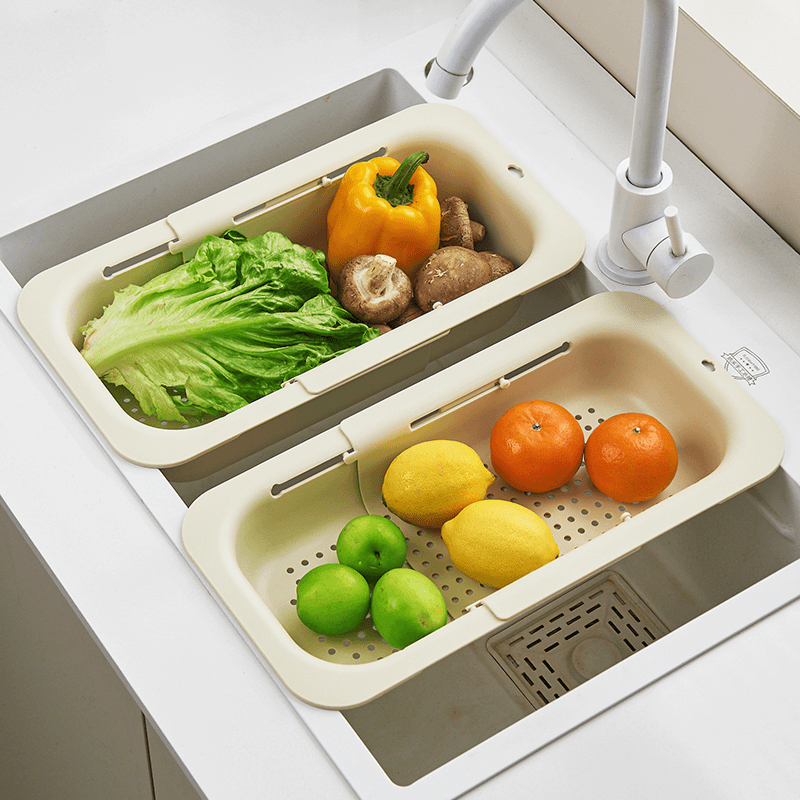 吉祥草奶油风水槽伸缩置物架沥水篮家用多功能厨房碗架杂物收纳框