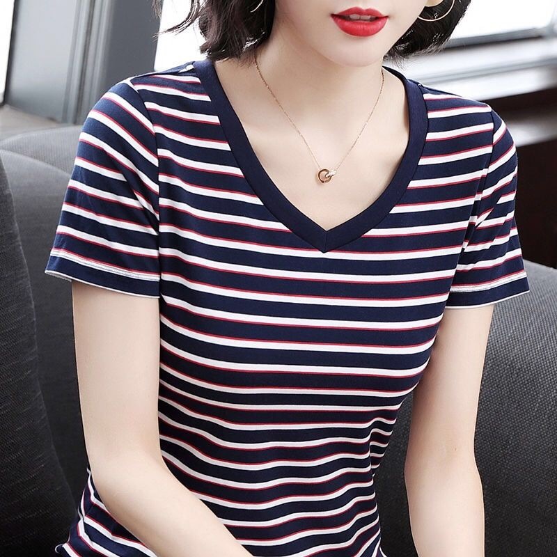 棉质夏季新款条纹t恤女士上衣中年妈妈装宽松遮肚显瘦百搭洋气衣