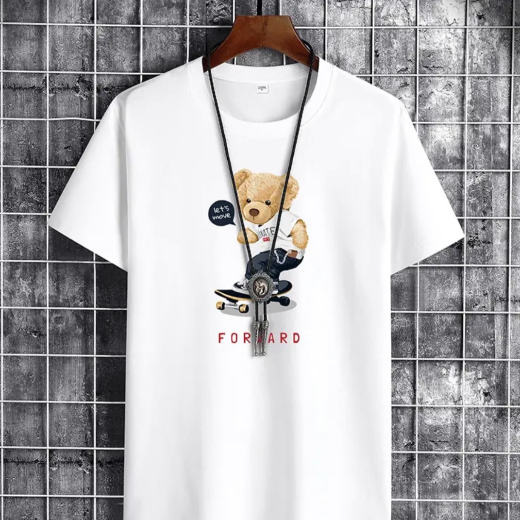 短袖t恤男修身2025夏季新款小熊印花欧货潮牌高端冰丝宽松体恤男