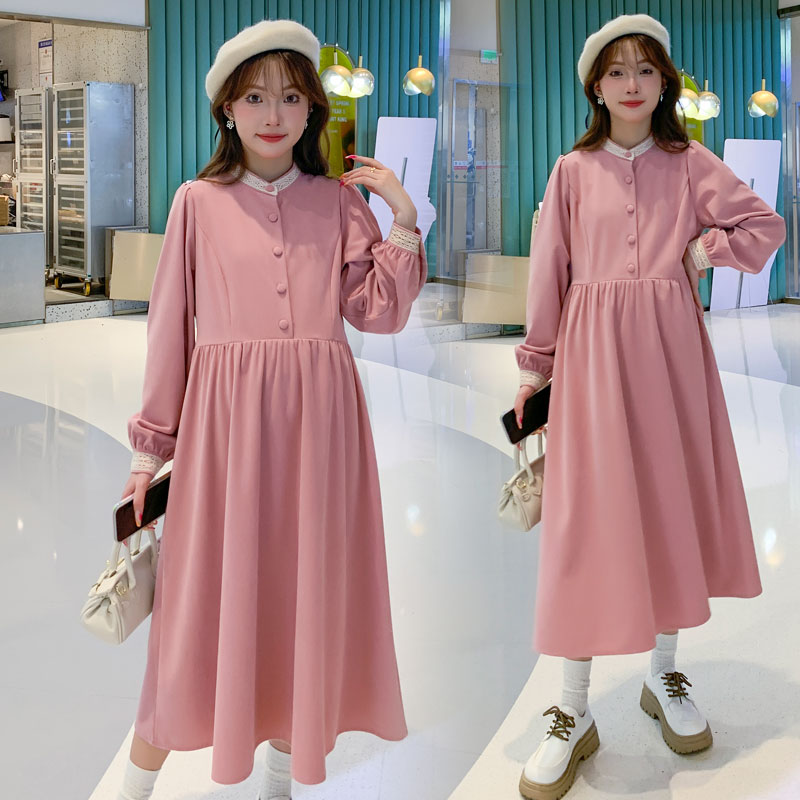 2023秋冬季新款孕妇装法式复古灯芯绒蕾丝拼接长款绑带气质连衣裙