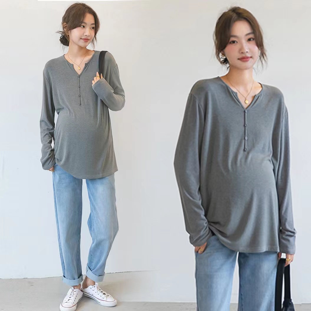 孕妇秋款薄款上衣2023大码孕妇春秋季外穿棉质休闲纯色长袖T恤