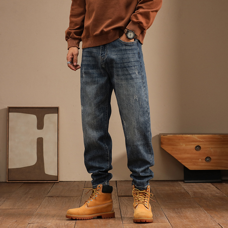 胖哈哈大码男装秋季新品水洗复古哈伦牛仔裤男宽松弹力小直筒长裤