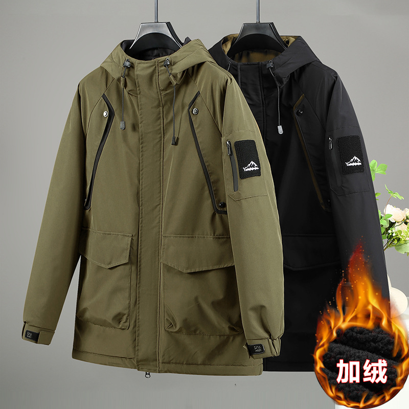 胖哈哈秋冬季大码男装宽松工装加绒秋冬款加绒男士男款中长款外套