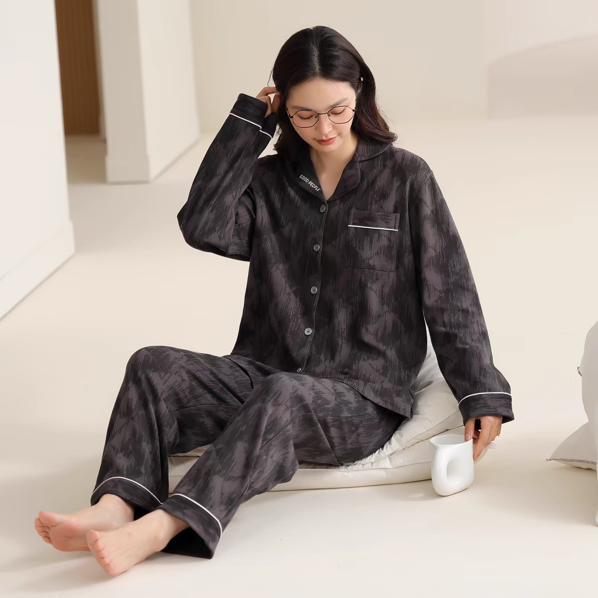 品牌情侣睡衣男女春秋冰袖爽棉长袖长裤宽松简约套装