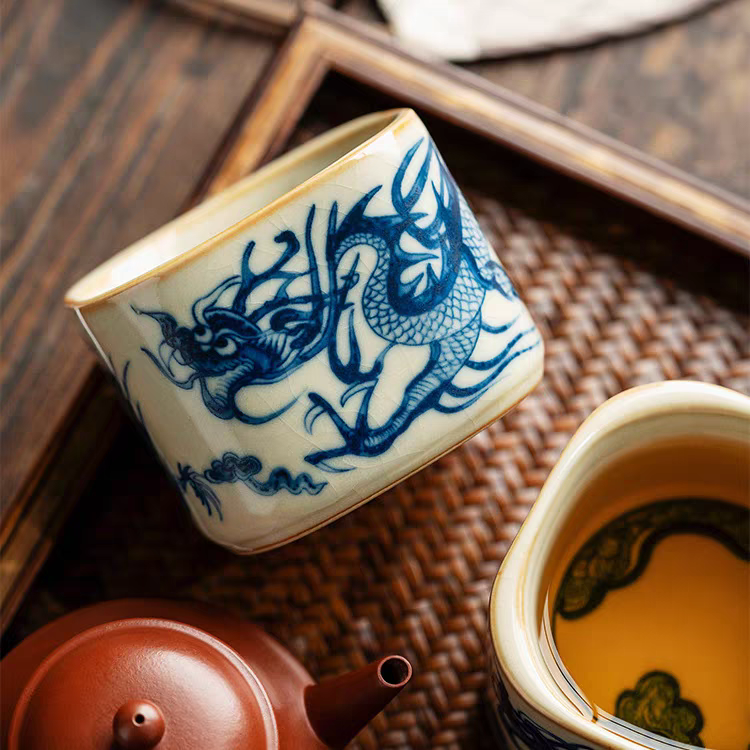 汝瓷青龙四方茶杯主人杯个人专用高档家用办公室中式开片单杯