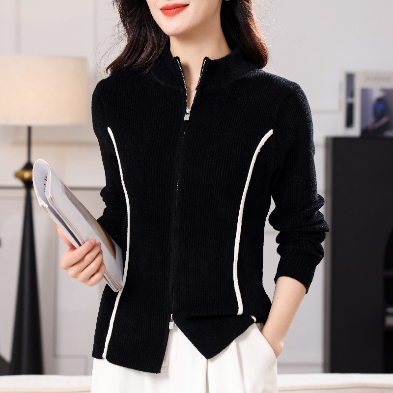 欧货不起球特级天鹅绒黑色拉链开衫半高领显瘦鱼骨线毛衣女装新款