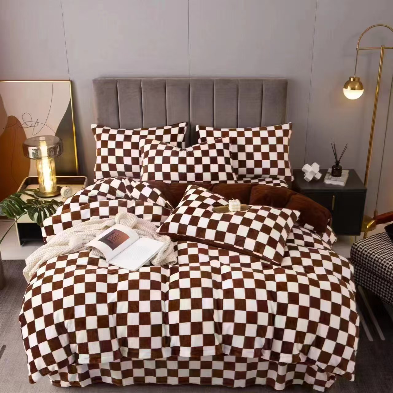 【某印简约棋盘格牛奶绒套件】保暖珊瑚绒加厚轻奢简约款加厚套件