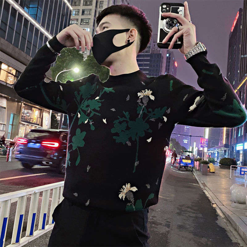 针织衫毛衣男秋冬季2023新款潮流设计感提花修身百搭加厚外穿毛衣