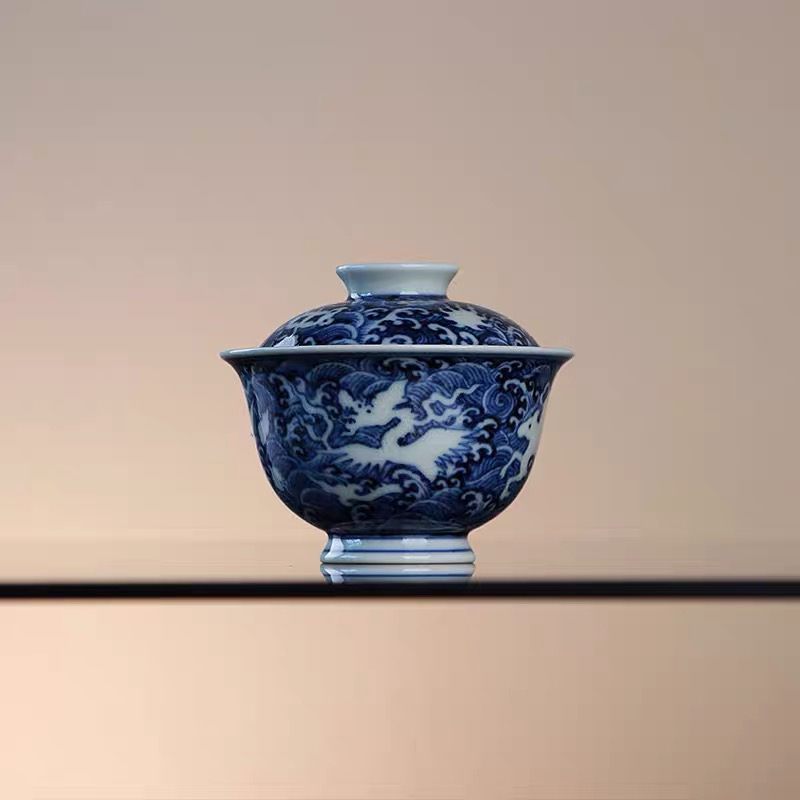景德镇春花秋月暗刻海水龙纹盖碗纯手工陶瓷茶具