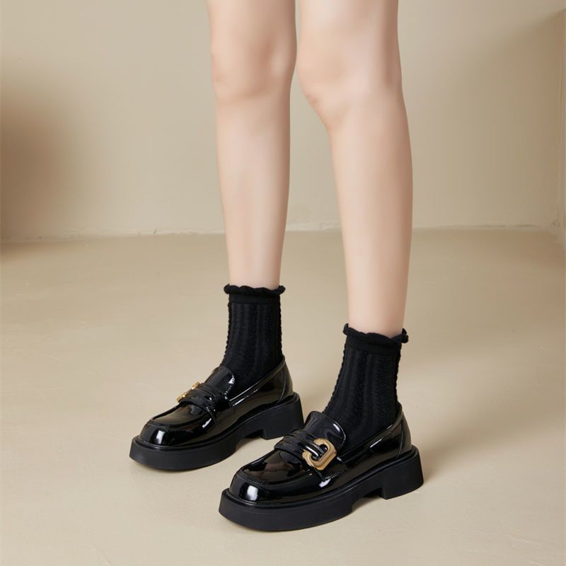 回力瑞小皮鞋女英伦风单鞋2023新款春秋季爆款复古厚底乐福鞋黑色