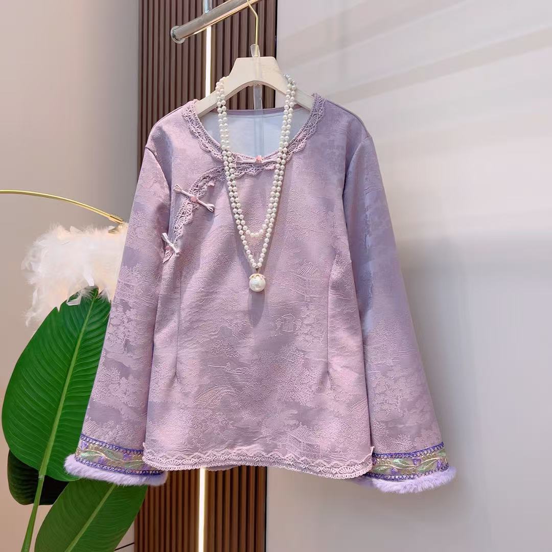 2024年秋冬季新款圆领毛边刺绣袖口领斜盘扣暗纹新中式上衣衣长66