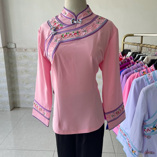 民族风女款粉色立领中式复古长袖中袖传统女装上衣中国风（粉红色）