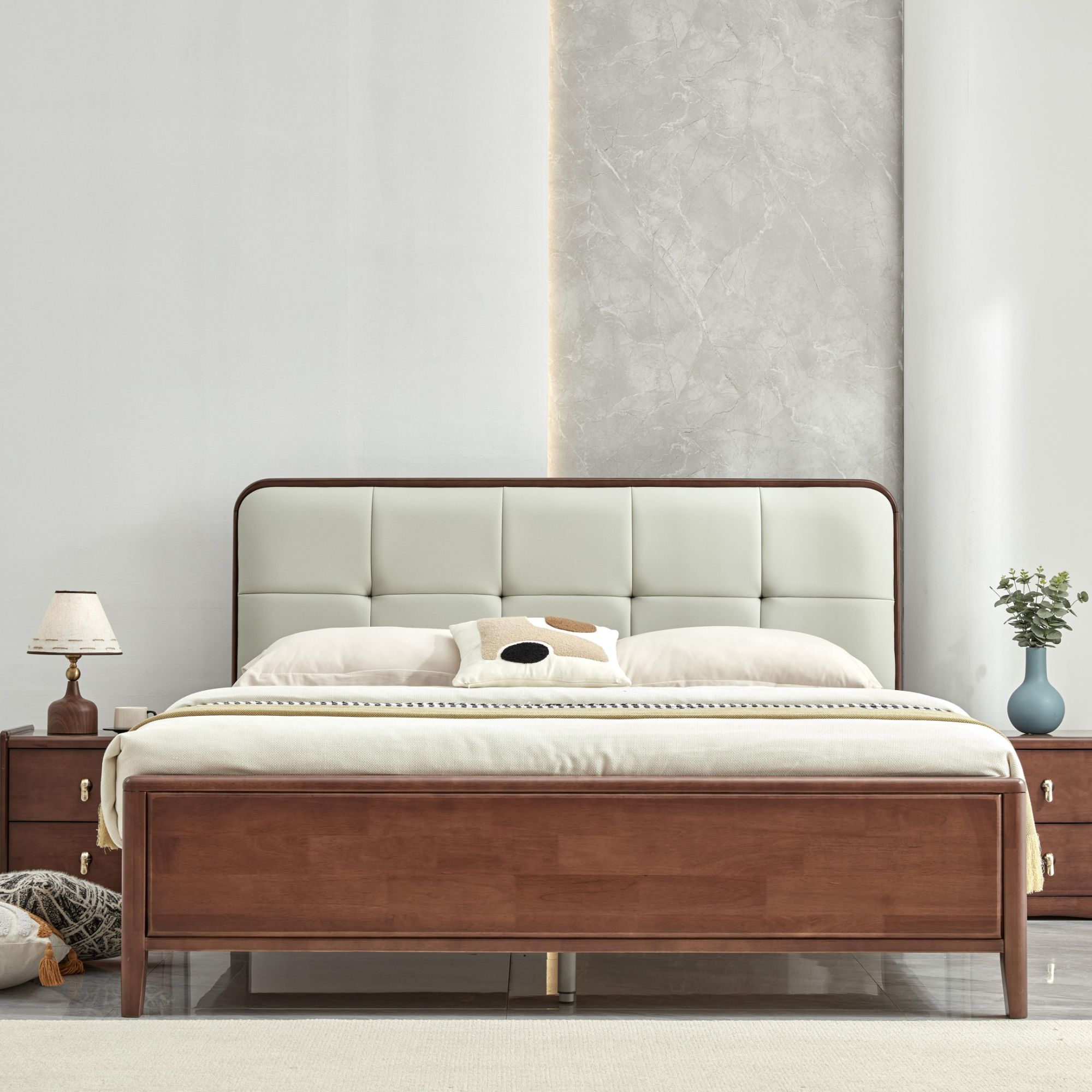 现代简约轻奢北欧奶油风榫卯1.51.8大床家用成套主卧实木软包皮艺