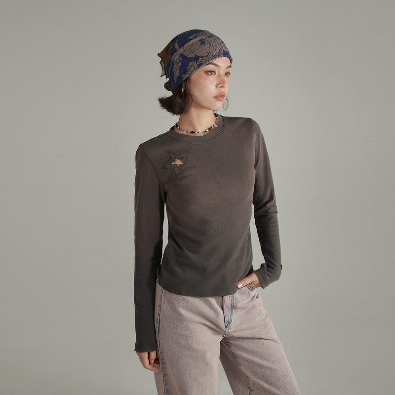 NO ONE ELSE春秋美式复古印花圆领长袖套头修身休闲潮流百搭T恤