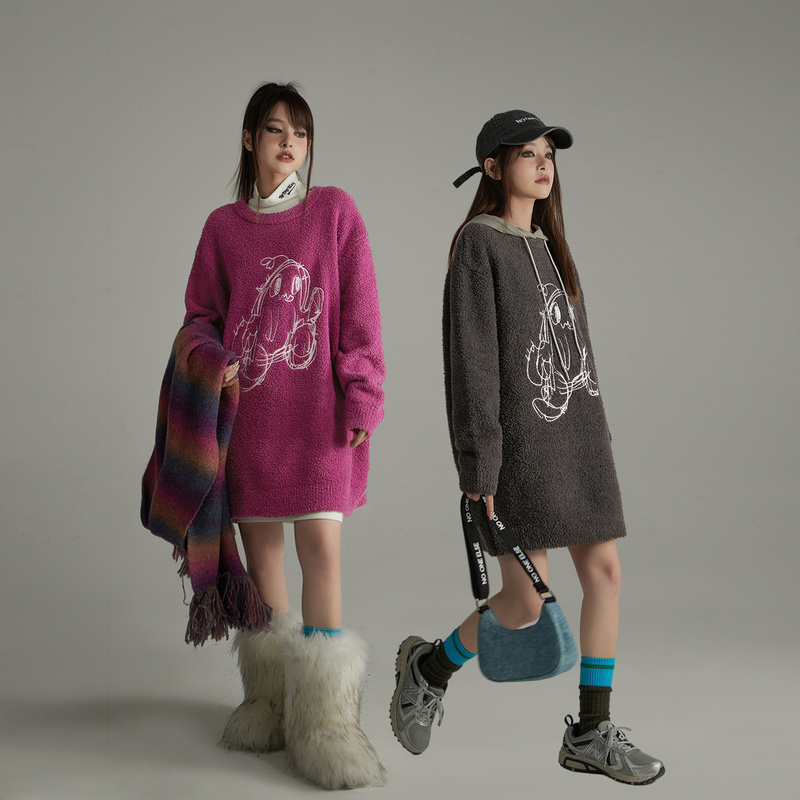 NO ONE ELSE美式复古女装圆领长袖毛茸茸宽松短裙刺绣冬季连衣裙