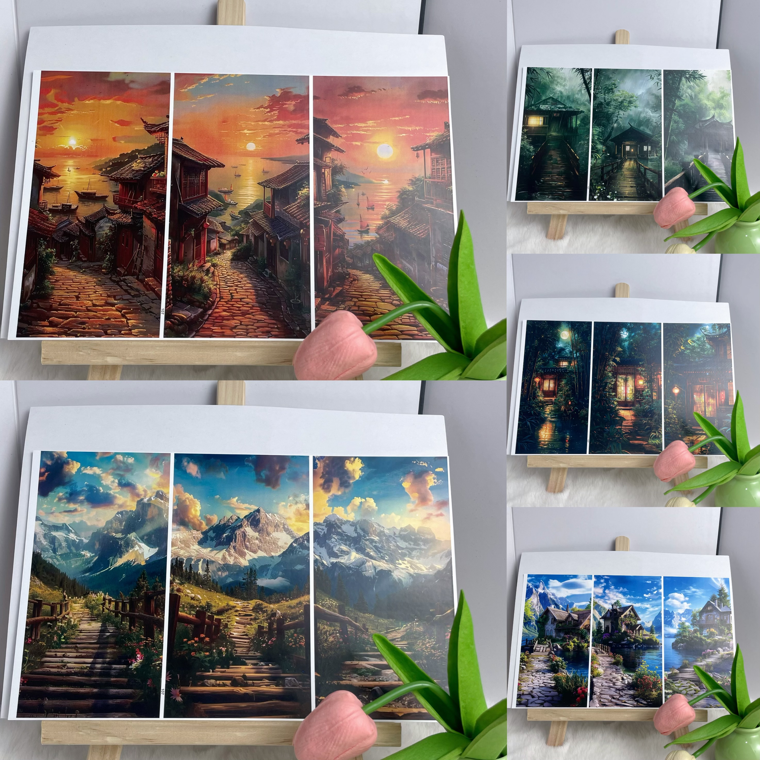 手机背卡贴纸防水背景DIY贴纸街道雨景夕阳小镇治愈单图9X17cm