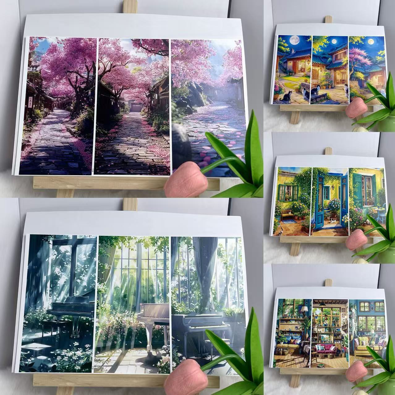 手机背卡贴纸防水背景DIY贴纸樱花街道室内庭院治愈单图9X17cm