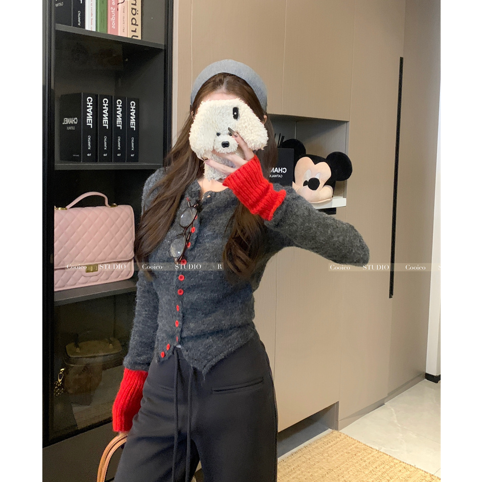 撞色针织衫女春秋冬季新款软糯开衫毛衣圆领长袖慵懒风上衣