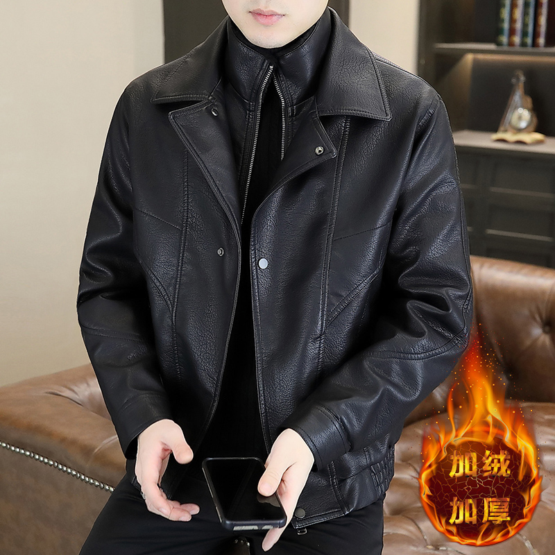 冬季新款假两件加绒皮夹克男士时尚修身保暖外套休闲百搭青年上衣