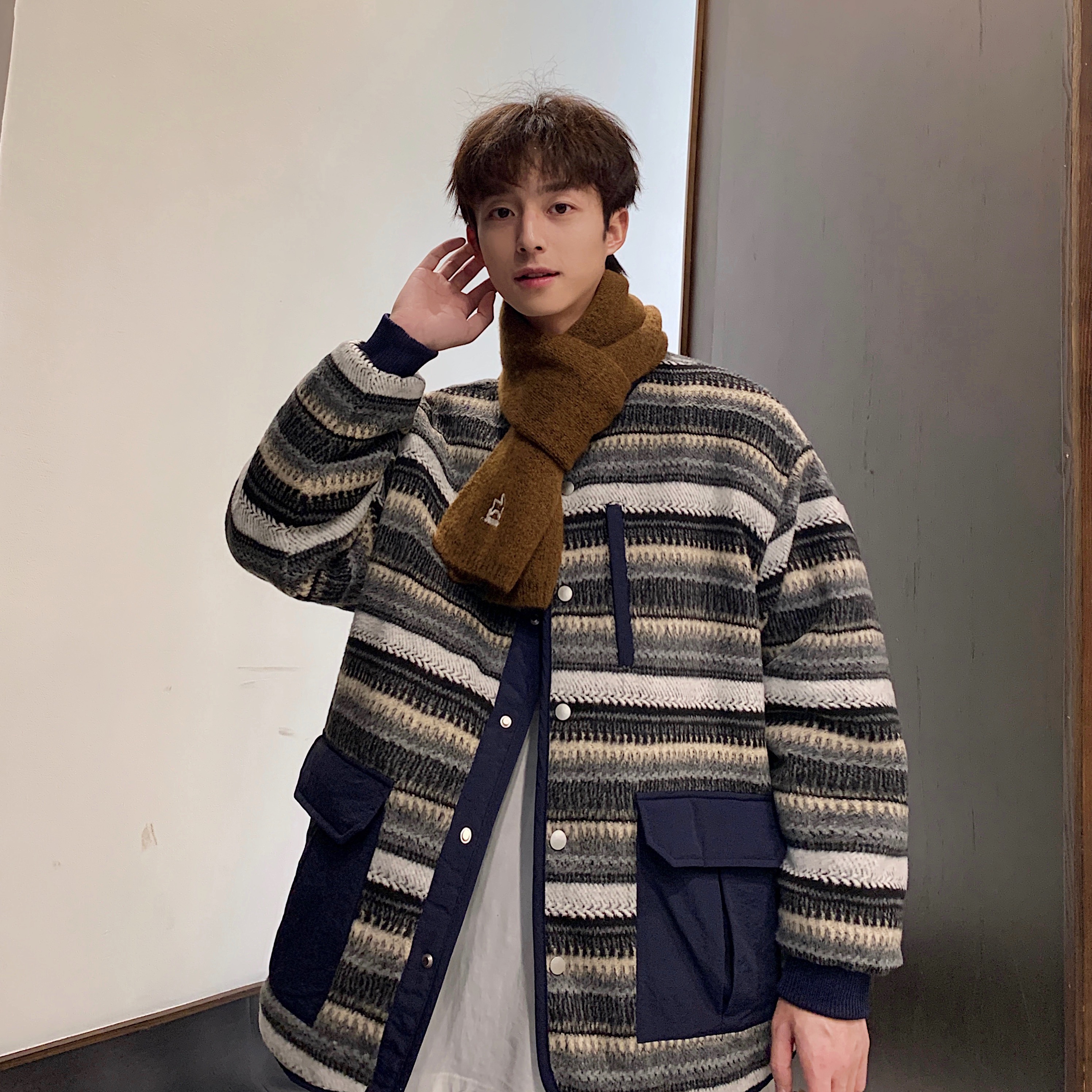 高级感正反双面穿无领棉衣外套男女冬季新款加厚保暖条纹毛呢棉服
