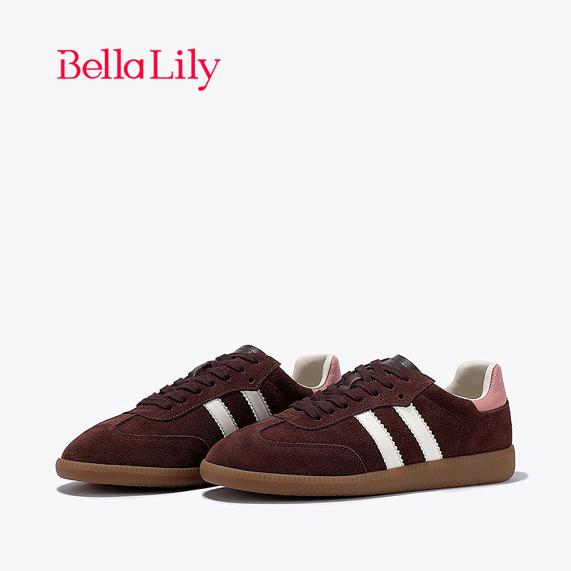 BellaLily2023冬季新款软底复古德训鞋女高级感板鞋牛皮平底鞋子