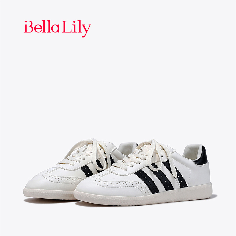 BellaLily2024春季新款布洛克纹时尚小白鞋女牛皮板鞋显瘦德训鞋