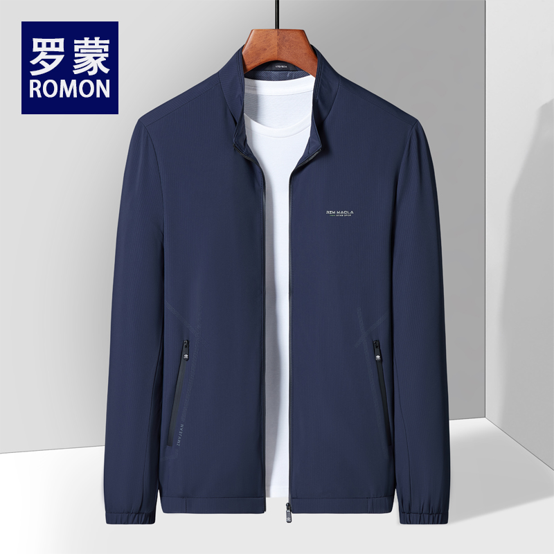 罗蒙行政夹克外套中年男士公务员休闲立领暗条纹男装夹克爸爸装
