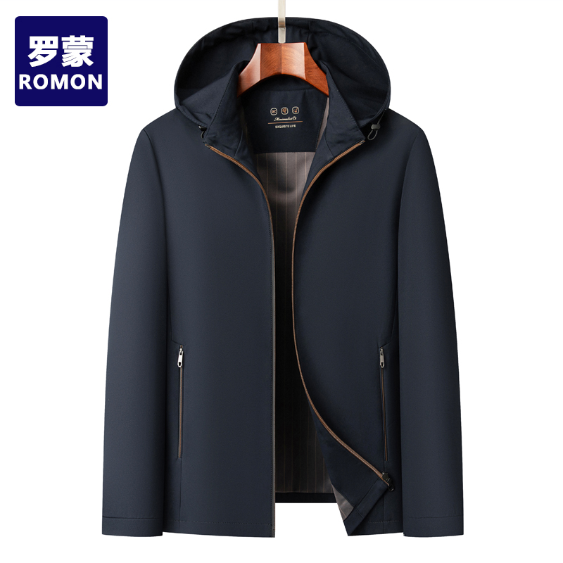 罗蒙休闲男外套中年男士连帽春秋季商务运动宽松夹克男春季爸爸装