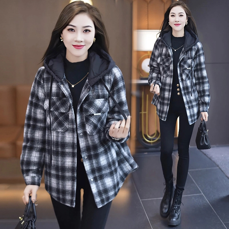 加厚格子毛呢外套女秋冬2024新款时尚洋气高级感复古连帽长袖上衣