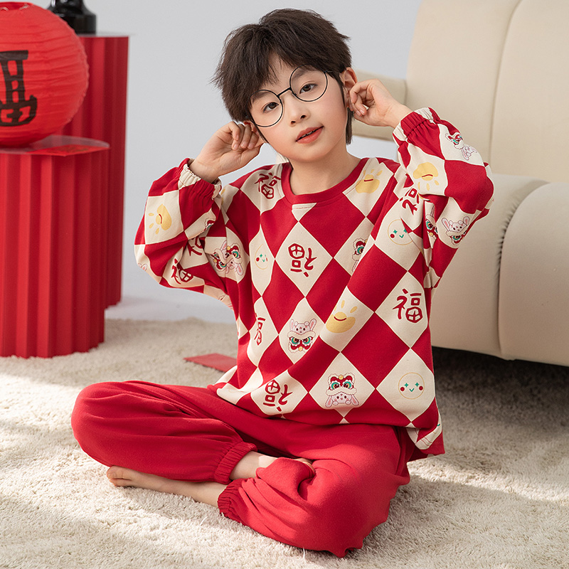 儿童睡衣春秋季2025年红色纯棉长袖中大童卡通男童宝宝家居服套装