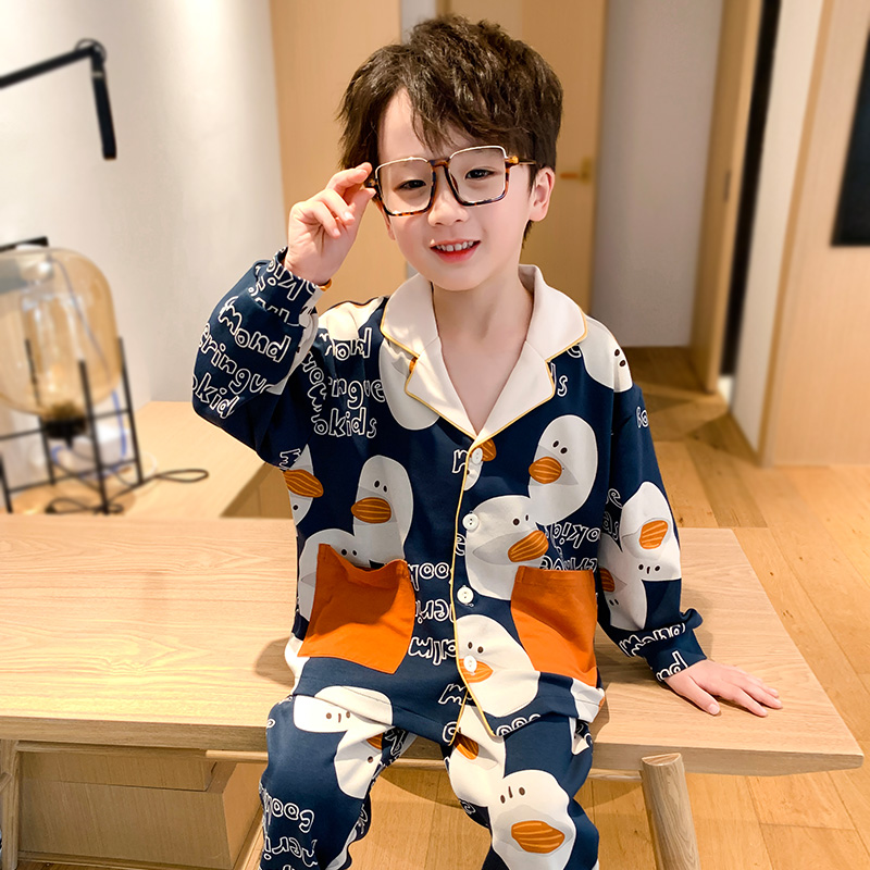 春秋季卡通字母青少年儿童纯棉长袖睡衣男童家居服男孩中大童童装