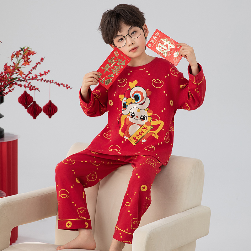 儿童睡衣春秋季2025年红色纯棉长袖中大童卡通男童宝宝家居服套装