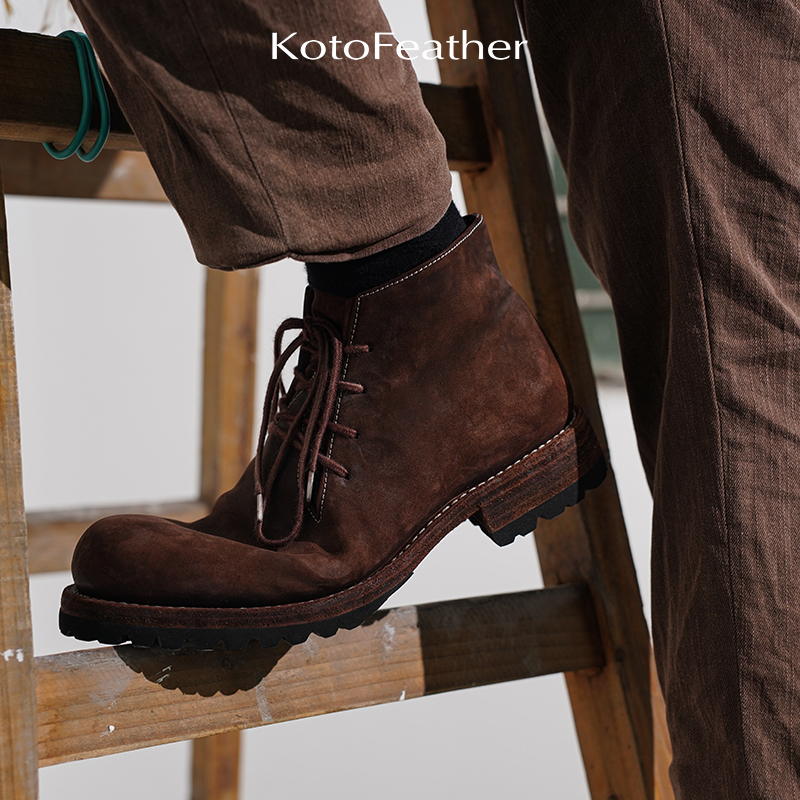 KotoFeather 英伦复古沙漠靴秋冬磨砂舒适圆头皮靴马臀皮手工男鞋