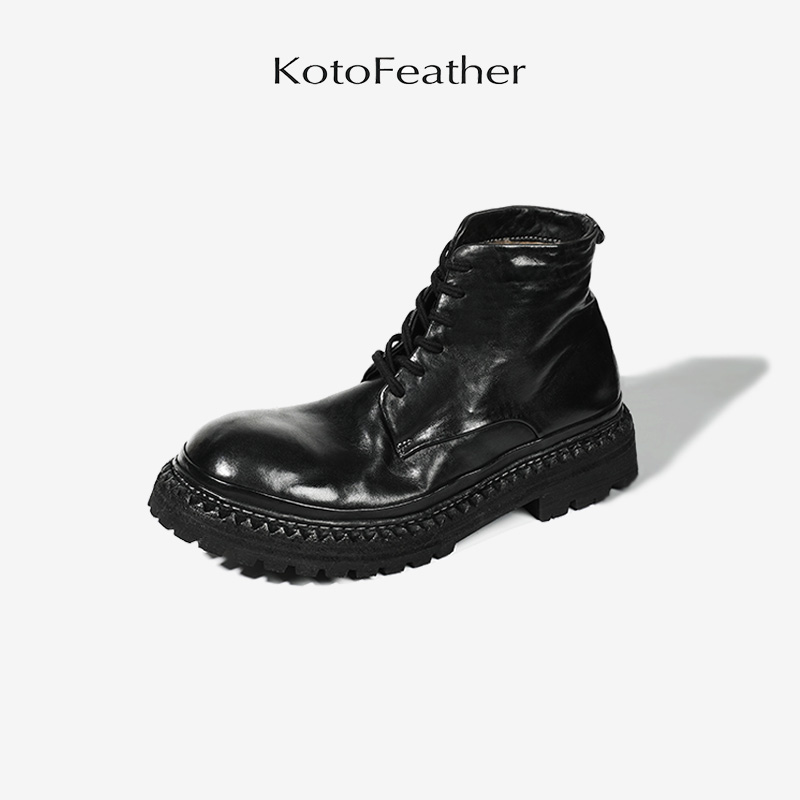 珡羽KotoFeather 秋冬季加毛保暖工装靴男士马皮高帮休闲马丁靴