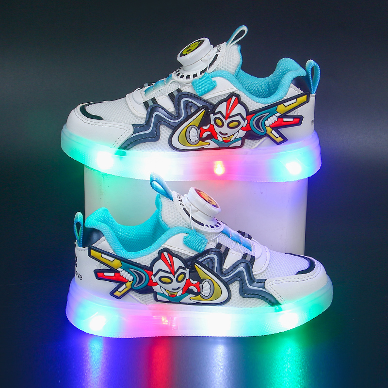 带灯儿童跑步鞋夏季新款男童网面透气防滑学生旋转扣运动鞋小中童