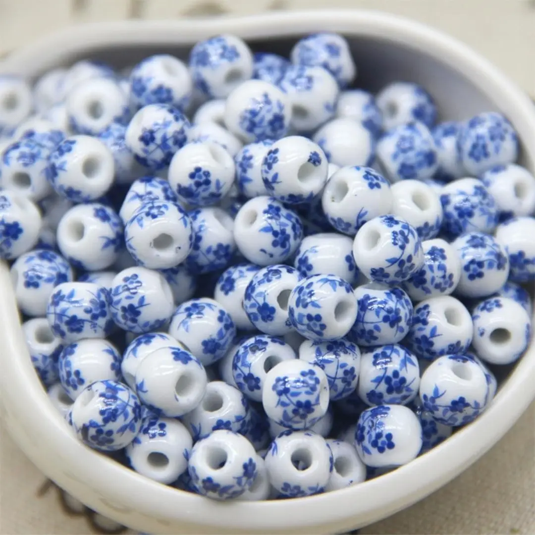 陶瓷珠子青花梅花小碎花mm瓷器珠兰花珠子diy散装珠