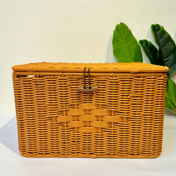 XW059大容量带盖收纳筐复古家用手工编织长方形欧式藤编杂物收纳
