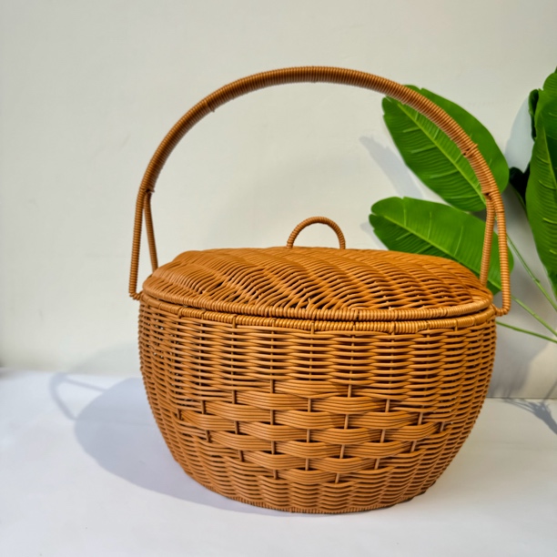XW070带盖大容量手工编织仿藤拜拜篮野餐篮收纳篮藤编手提篮