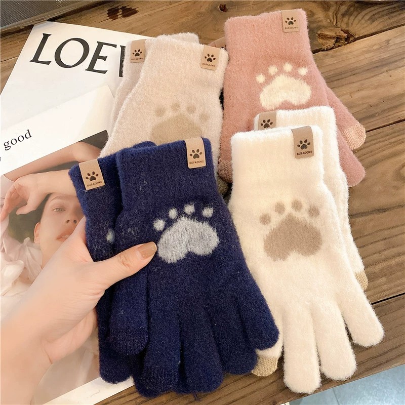 爱心情侣触屏五指针织冬季手套女ins男骑车加绒学生加厚保暖可爱