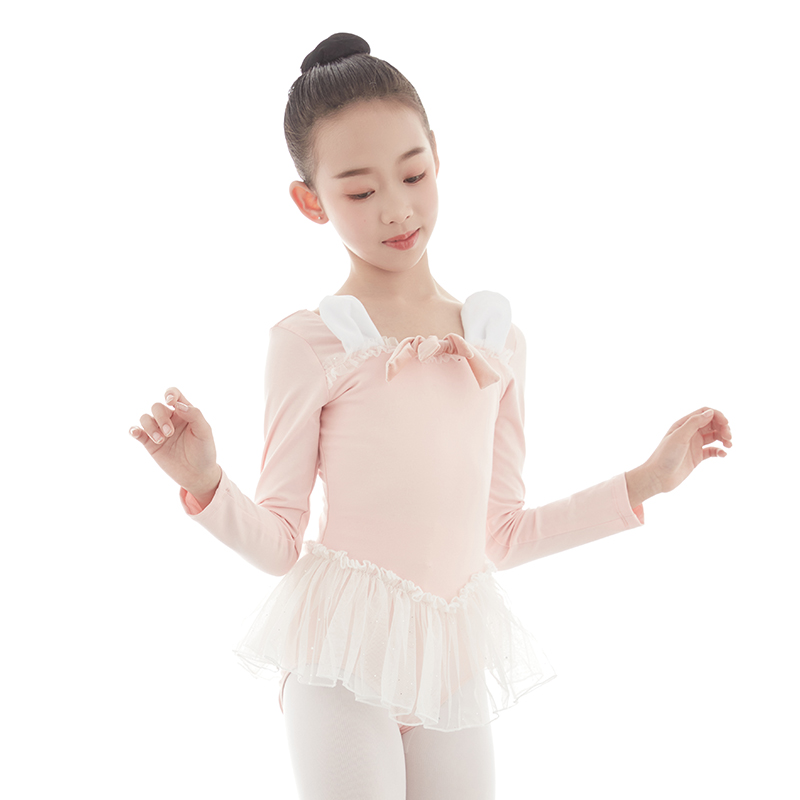 儿童舞蹈服女秋季新款小兔蓬蓬裙长袖练功服蝴蝶结芭蕾舞蹈服