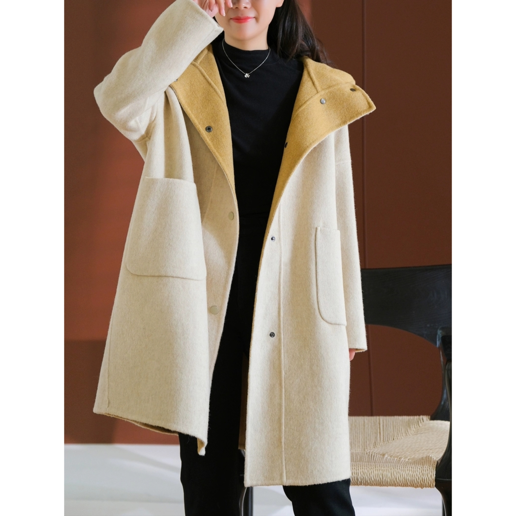 ONEOF 双面双色连帽手工气质款羊毛大衣韩版百搭