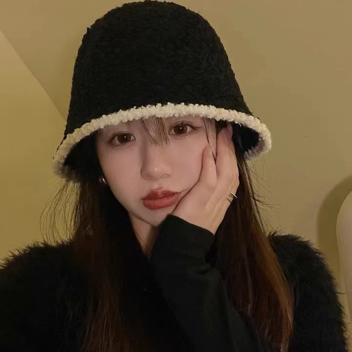 韩版毛绒绒针织帽女秋冬款时尚百搭水桶帽日系甜美撞色边休闲盆帽