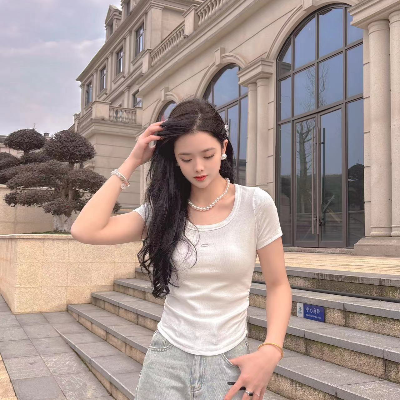 （衣长50）夏季新款超收腰显瘦上衣纯色简约上衣百搭修身韩版白色