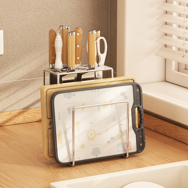 304不锈钢刀架置物架厨房菜刀架台面刀筷砧板一体架免安装收纳架