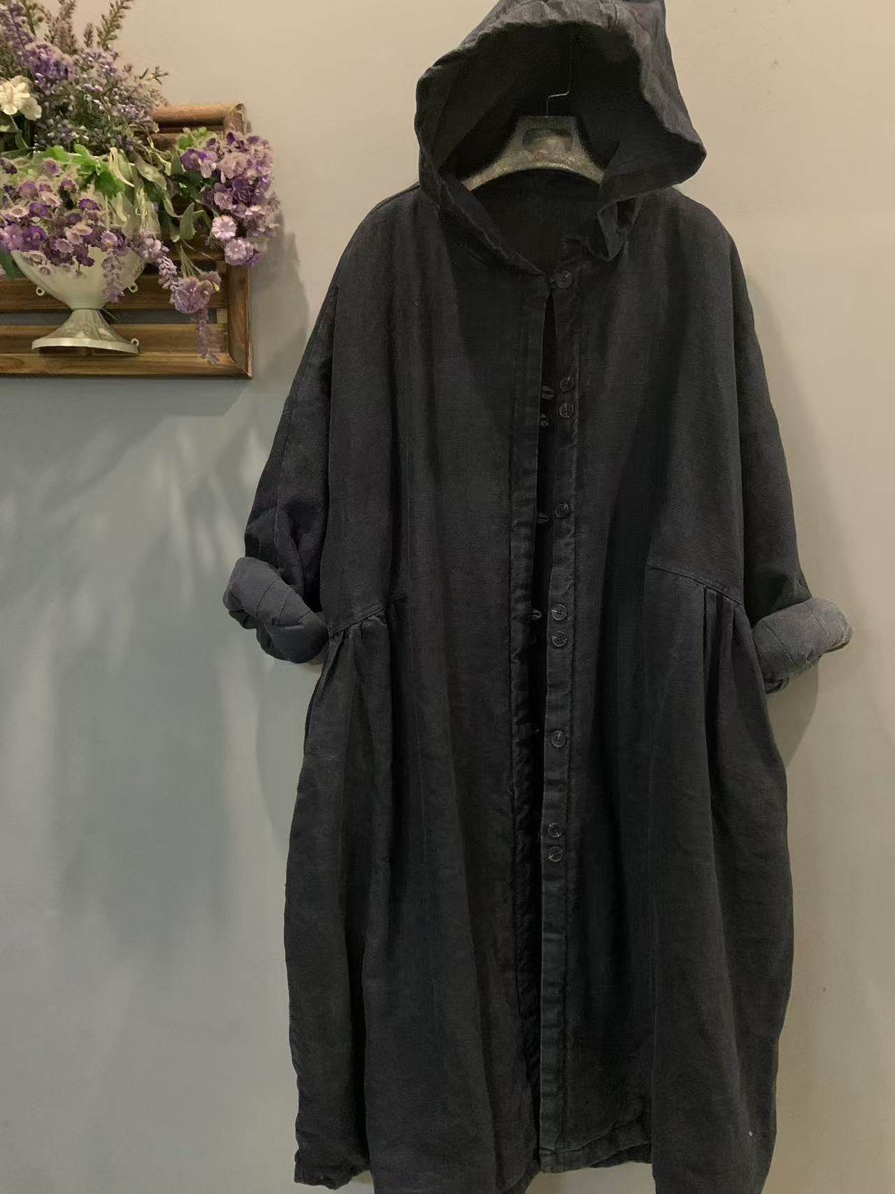 连帽亚麻大款衬衣