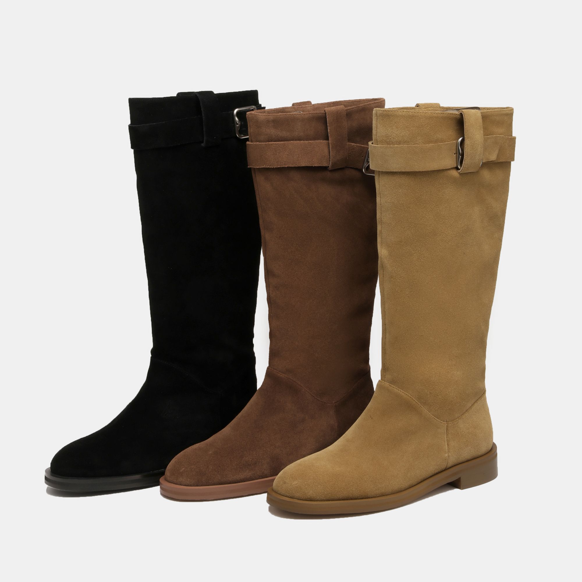 【底厚3CM】靴身16寸25年秋季新款羊猄皮圆头厚底长筒靴金属装饰